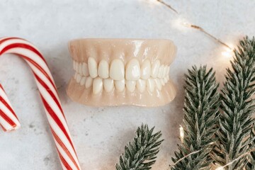 Festive holiday setting featuring artificial teeth with candy cane and pine branches