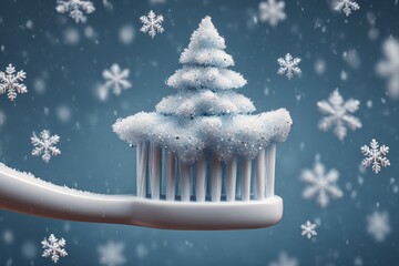 Whimsical winter scene featuring toothbrush adorned with snow-covered tree and sparkling snowflakes