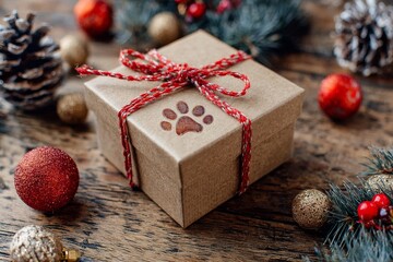 Festive atmosphere featuring beautifully wrapped gift box adorned with red ribbon and paw print on wooden table