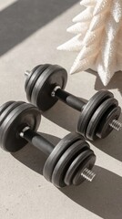 Minimalist home gym setting featuring black dumbbells resting on light gray floor
