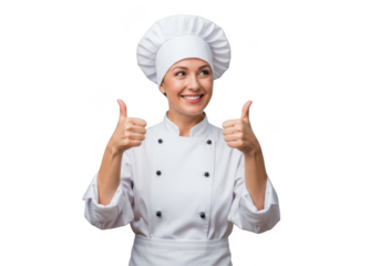 Joyful female chef in full uniform with toque blanche gives two thumbs up gesture isolated on transparent background