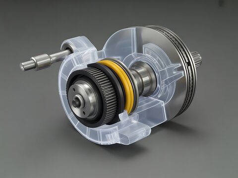 A detailed technical illustration of a complex mechanical gear assembly with translucent casing