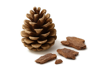 Pine cone with several broken bark fragments on transparent background