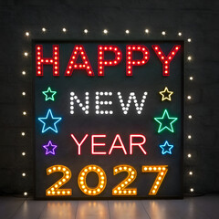 Happy New Year 2027 LED Illuminated Sign with Festive Lights on Dark Background on transparent background