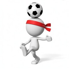 3d white stick figure character balancing soccer ball on head with red bandana and thumbs up