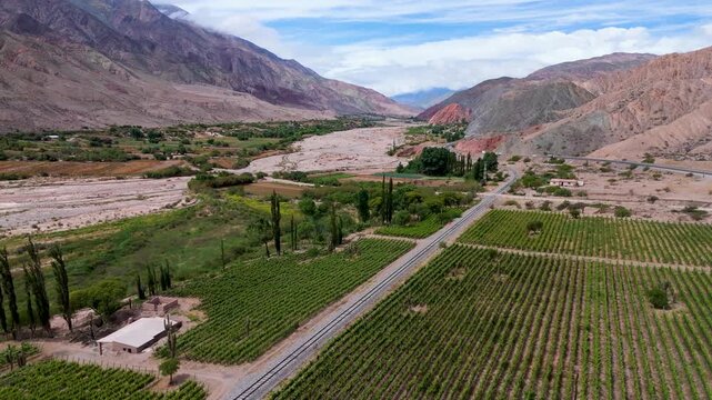 Vista a&eacute;rea con drone de vi&ntilde;edos en la Quebrada de Humahuaca, provincia de Jujuy, Argentina