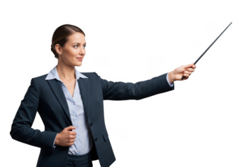 Professional businesswoman in a dark suit holding a pointer stick gesturing towards the right isolated on transparent background