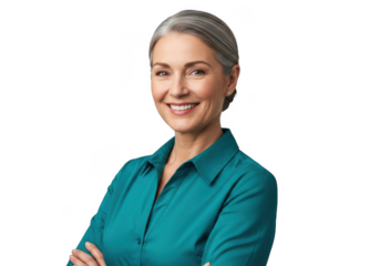 Smiling mature woman with short gray hair wearing a teal collared shirt arms crossed isolated on transparent background