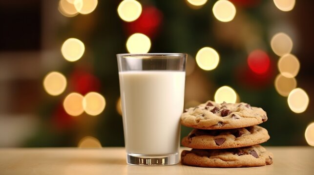 Glass of milk and chocolate cookies on wooden table with christmas lights on background with copy space. Santa clause Milk and cookies. Christmas Time concept with copy space. - Powered by Adobe