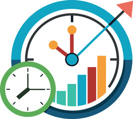 Time management concept with a clock charts and an upward trending arrow illustration