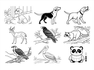 coloring page line art the animal and bird black vector bundle