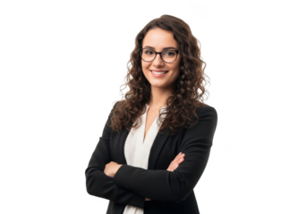 Professional young woman with curly brown hair and glasses smiling confidently with arms crossed isolated on transparent background
