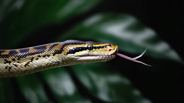 Venomous Gaboon Viper Portrait: Detailed Close-Up of a Forest Reptile Displaying a Threatening Defense Posture.