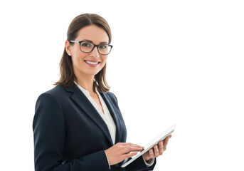 Professional businesswoman wearing glasses and a suit holding a digital tablet technology device isolated on transparent background