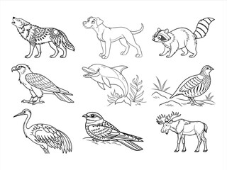 coloring page line art the animal and bird black vector bundle