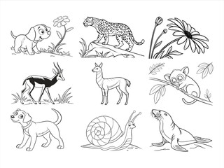 coloring page line art the animal and bird black vector bundle