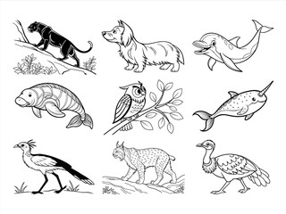 coloring page line art the animal and bird black vector bundle