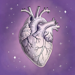Anatomical Heart Illustration, Purple on transparent background