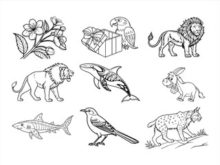 coloring page line art the animal and bird black vector bundle