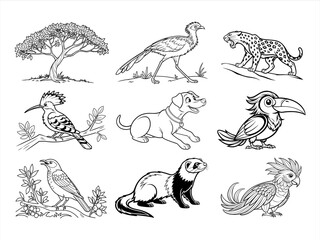 coloring page line art the animal and bird black vector bundle