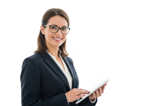 Professional businesswoman wearing glasses and a suit holding a digital tablet technology device isolated on transparent background - Powered by Adobe