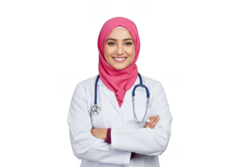 Smiling muslim female doctor wearing a pink hijab and white lab coat with stethoscope arms crossed isolated on transparent background