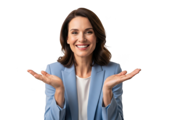 Smiling woman wearing a blue blazer and white shirt with open palms gesture isolated on transparent background