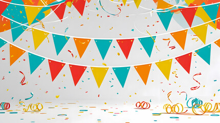 Festive Party Scene Featuring Colorful Bunting and Confetti against clean backdrop creating fun atmosphere for celebrations and events with vibrant decorations and joyful ambiance