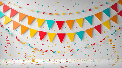Obraz premium Bright Celebration Setting with Colorful Banners and Confetti creating joyful and lively mood suitable for birthdays and special occasions with vibrant decorations on simple backdrop