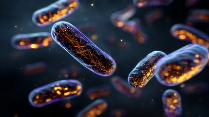 Microorganisms floating in dark space, showing complex internal structures and glowing golden energy, conceptualizing advanced biotechnology, cellular science, and microscopic research