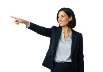 Professional businesswoman in a dark suit pointing confidently to the left with a slight smile isolated on transparent background