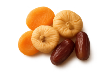 Assorted dried fruits including orange apricots, pale dried peach halves, and brown dates