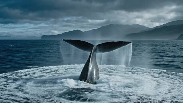 Whale tail breach ocean splash marine mammal wildlife water surface dynamic