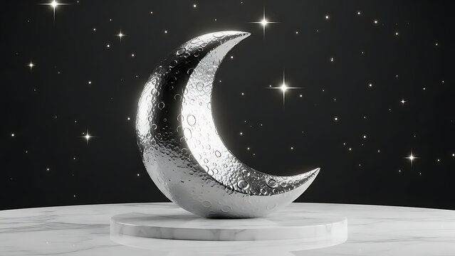 Silver Moon Sculpture on Marble Base Under Starry Sky