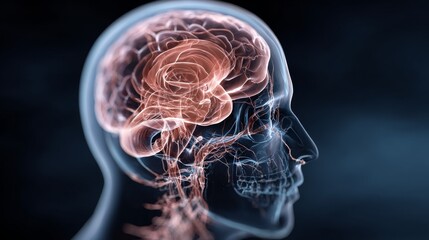 Human head showing transparent skull and glowing brain. Highlighting complex neural activity and connections. Symbolizing intelligence. Memory. Thoughts mental diseases ai psychology neuroscience