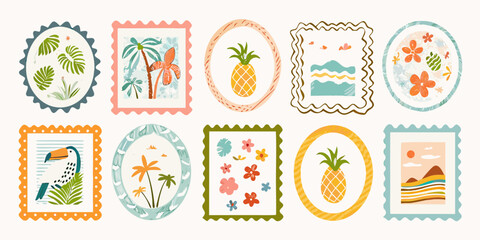 Charming collection of tropical themed postage stamps in various frame designs