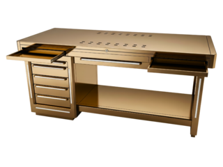 Gold metallic workbench table with open storage drawers and shelves on a transparent background