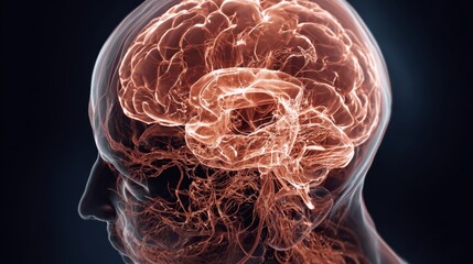 Human brain glowing, complex thought processes, intelligence, psychology, knowledge, scientific research in neurology mental health against dark background mental diseases ai psychology neuroscience