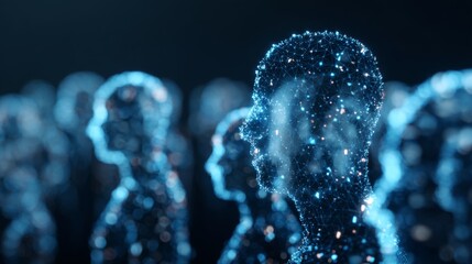 Digital human profiles forming a network, symbolizing artificial intelligence, data processing, and global social connection in a technological future ai communication
