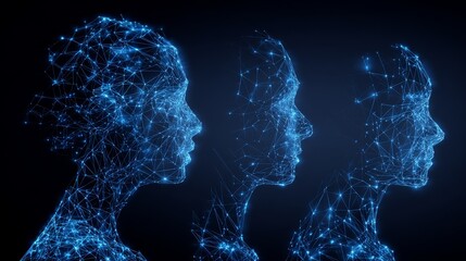 Three glowing human profile wireframes representing ai, machine learning and communication, showing future technology, digital identity, and interconnected neural networks