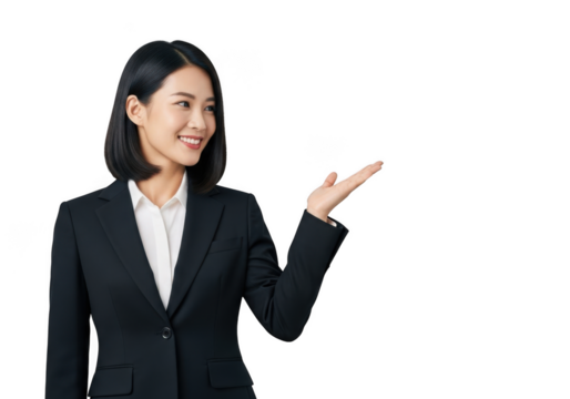 Professional asian woman in business attire smiling and presenting with open hand isolated on transparent background - Powered by Adobe
