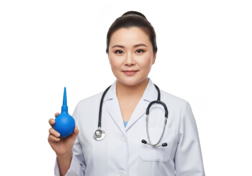 Professional asian female medical practitioner in white coat holding a blue bulb syringe isolated on transparent background - Powered by Adobe