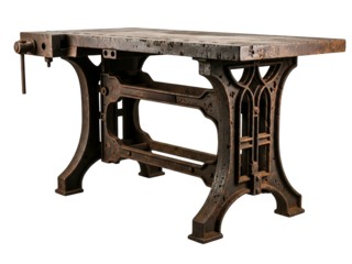 Vintage industrial rusty metal workbench with wooden top and vise on a transparent background
