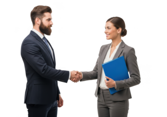 Professional business partnership agreement handshake between a bearded man and a woman holding a folder isolated on transparent background