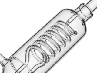 Transparent glass spiral condenser coil for laboratory distillation on a transparent background