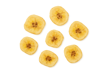 Golden dried banana chips scattered on clean transparent background