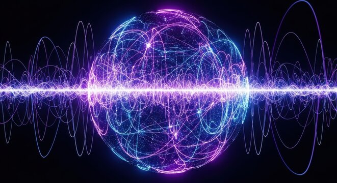 3d sphere of glowing neon light waves and particles