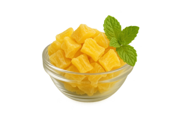 Small glass bowl filled with pineapple chunks and mint garnish