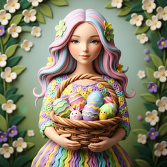 Beautiful young woman holding a basket of Easter eggs