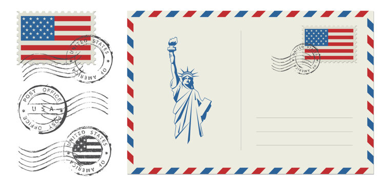 Blank post card with rubber stamp. Mockup realistic post card and postage stamp with USA flag.